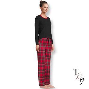 Lands’ End Women’s Cotton Pajama PJ 2 Piece Set Plaid Pants Black Size Small